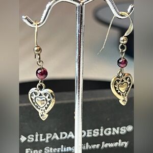 SILPADA Garnet Sterling Silver 925 Heart Dangle Earrings with Box